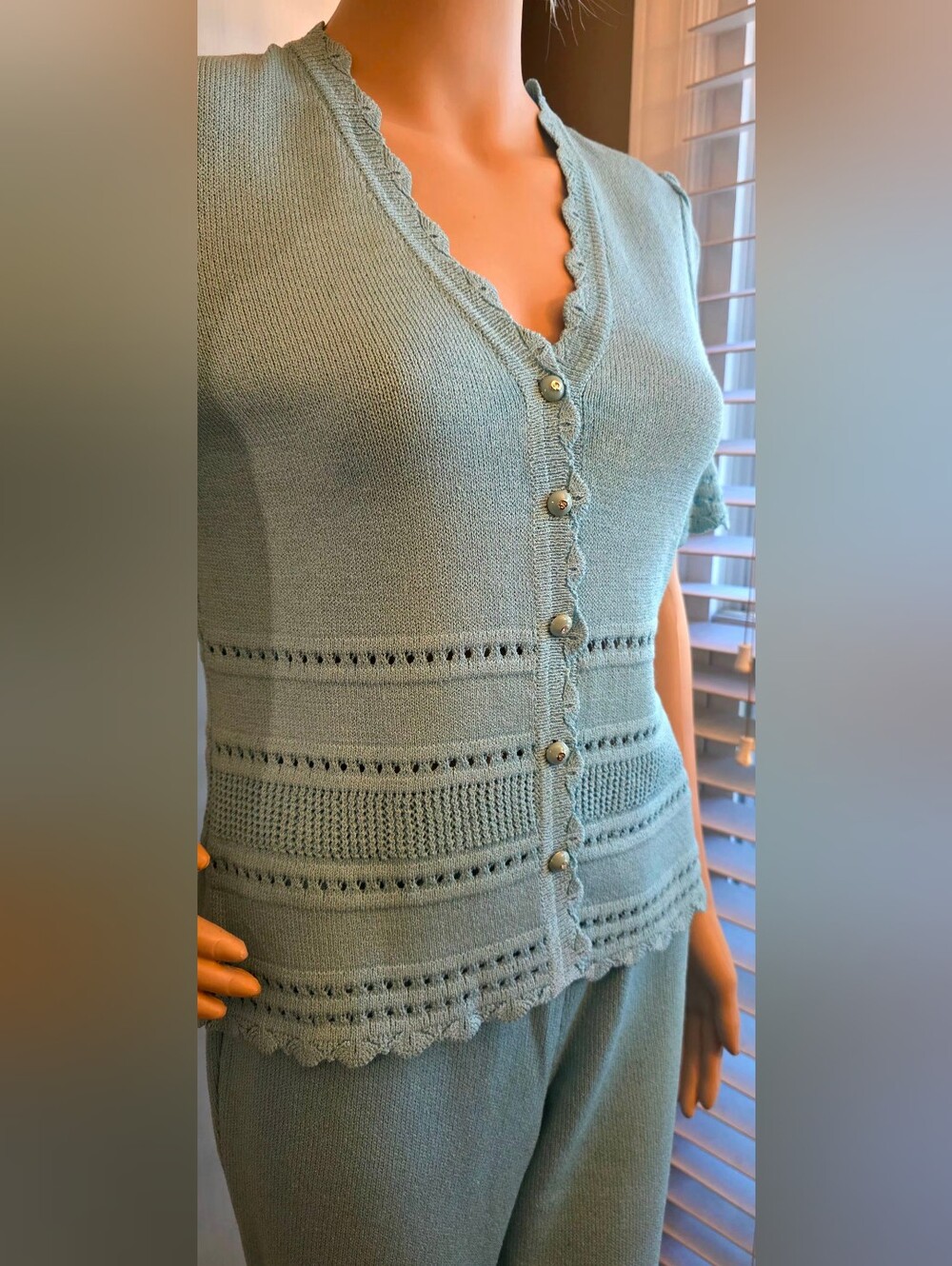 Vintage St John Marie Gray Aqua Knit 2 Piece Top Pants Set Sz 6/8 USA